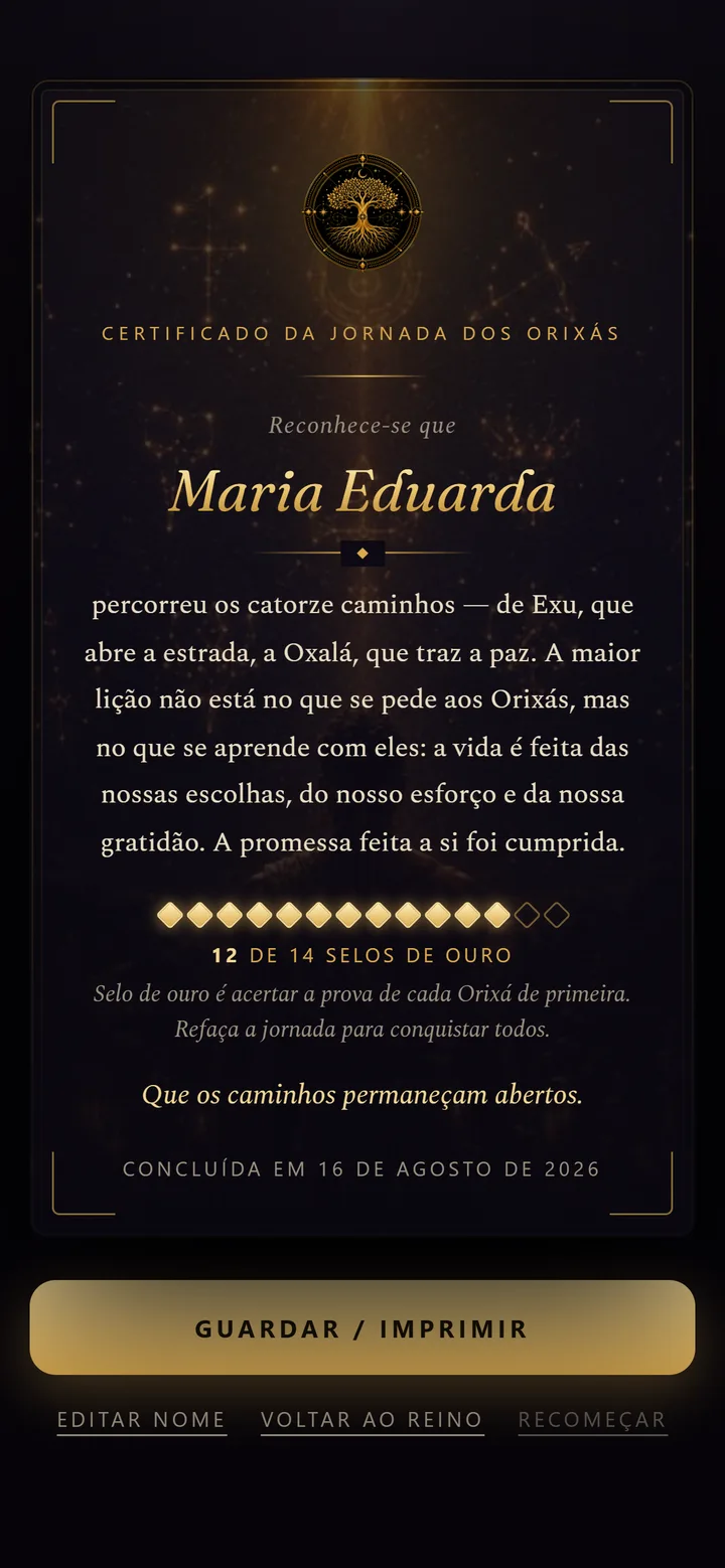 Certificado da Jornada dos Orixás gerado com o nome de quem concluiu