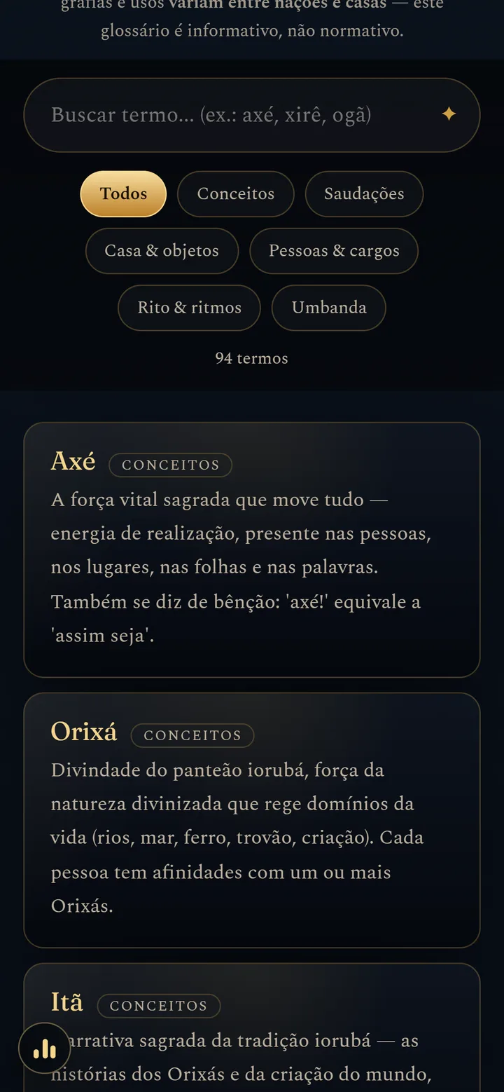Glossário de Axé com busca e termos explicados por categoria