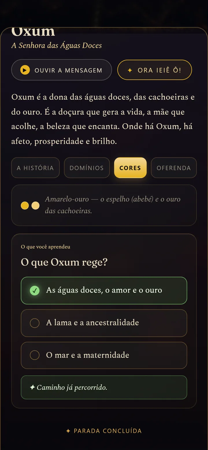 Aba de cores de Oxum e a prova do caminho com três alternativas