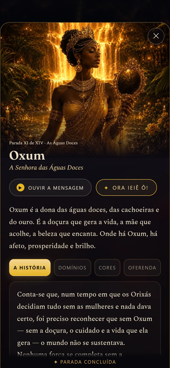 A parada de Oxum: retrato, saudação, botão de áudio e as abas história, domínios, cores e oferenda